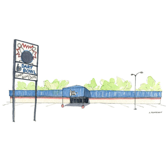 Watercolor painting and ink drawing of Dart Bowl bowling alley and sign out front in Austin, Texas.
