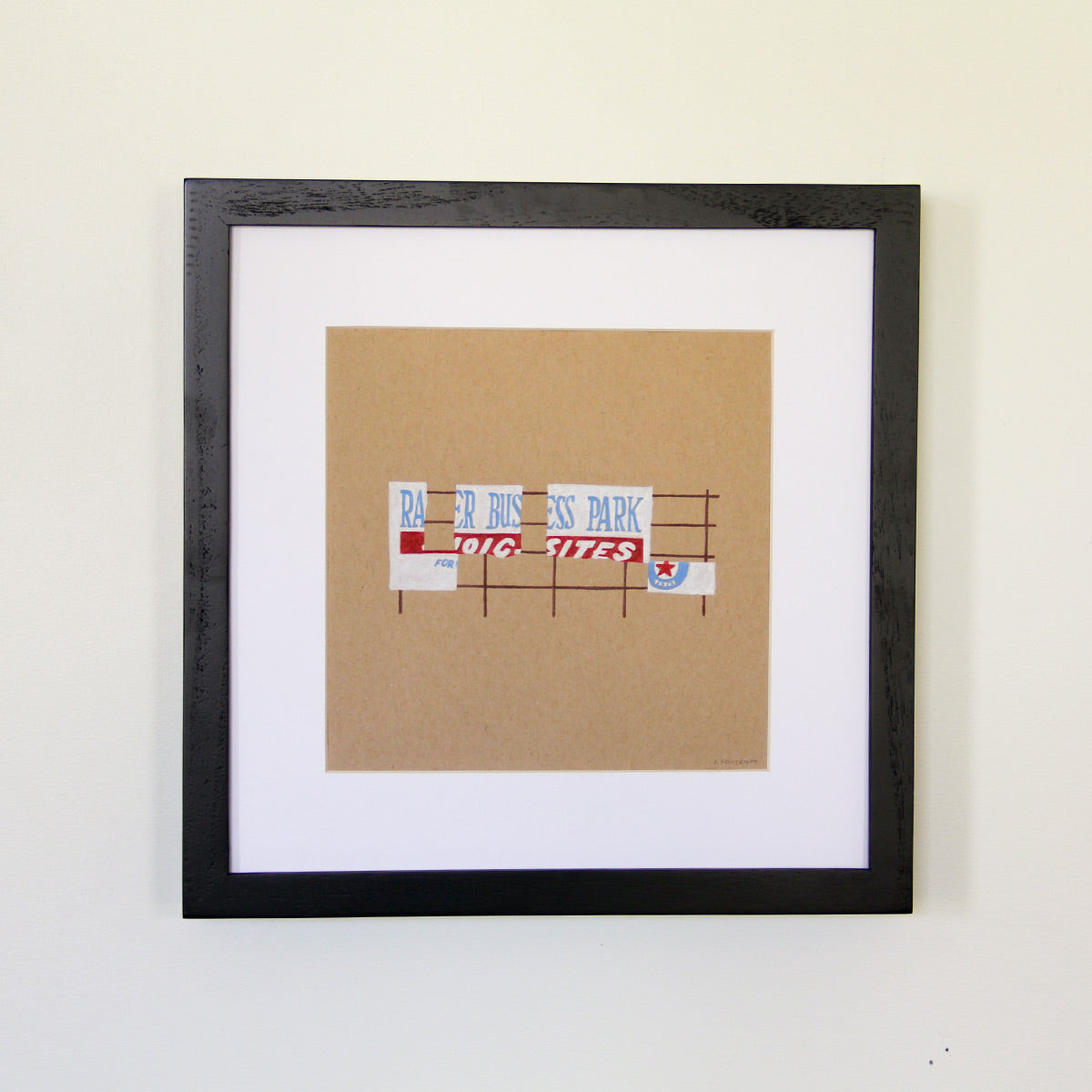 Framed artwork hung on white wall. Colored pencil drawing on tan toned paper of a red and white road sign with a 2 inch white matte around the art in a black wood frame.