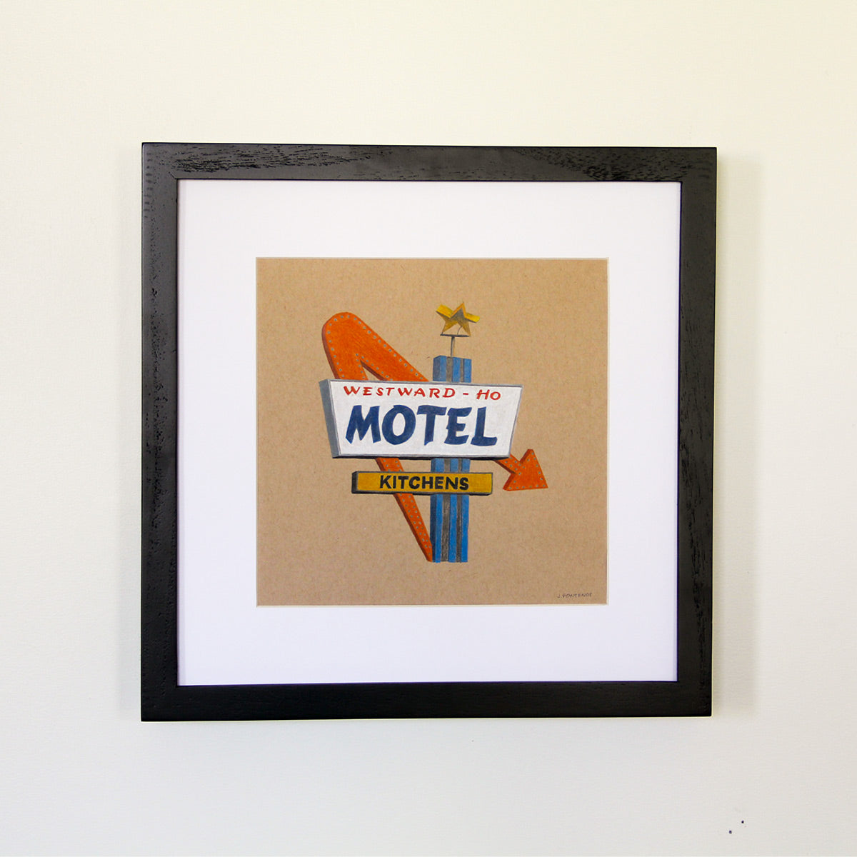 Framed artwork hung on white wall. Colored pencil drawing on tan toned paper of an orange and blue motel sign with a 2 inch white matte around the art in a black wood frame.