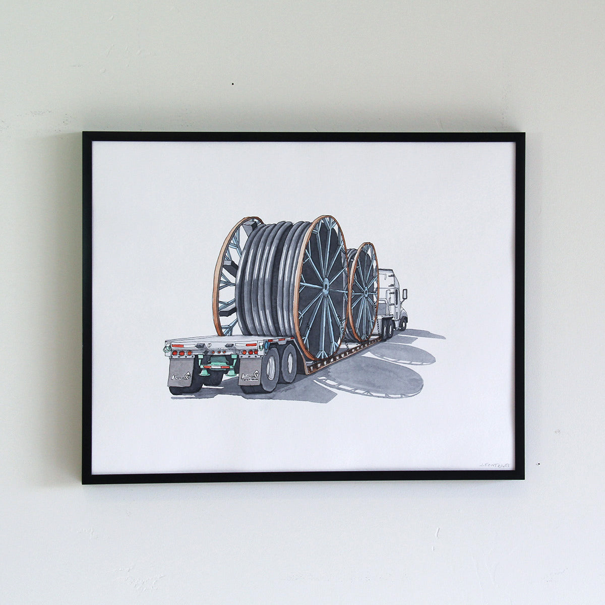 Truck #3 Black Pipe Spools Watercolor Original Art Framed