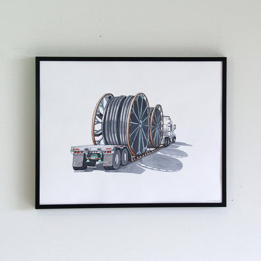 Truck #3 Black Pipe Spools Watercolor Original Art Framed