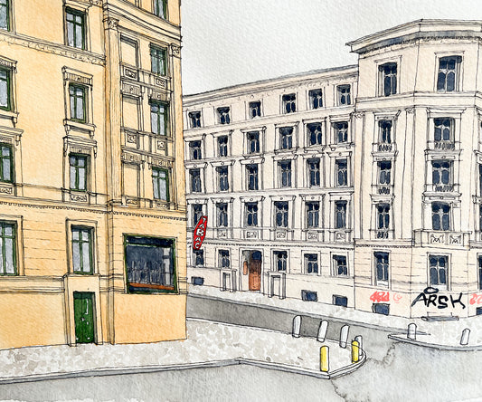 Berlin Street Corner Watercolor Original Art Framed