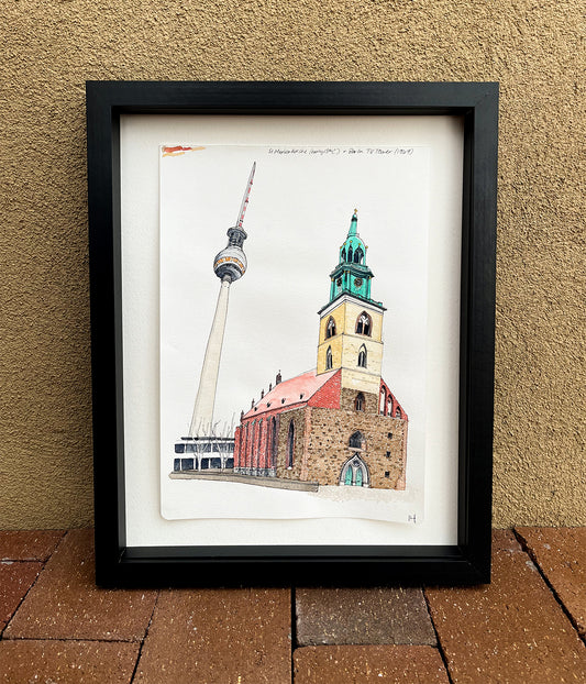 Berlin TV Tower & Church Watercolor Original Art Framed