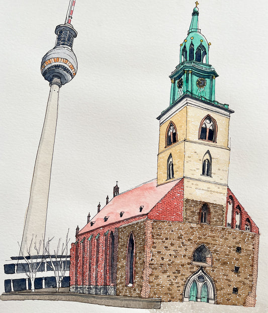 Berlin TV Tower & Church Watercolor Original Art Framed