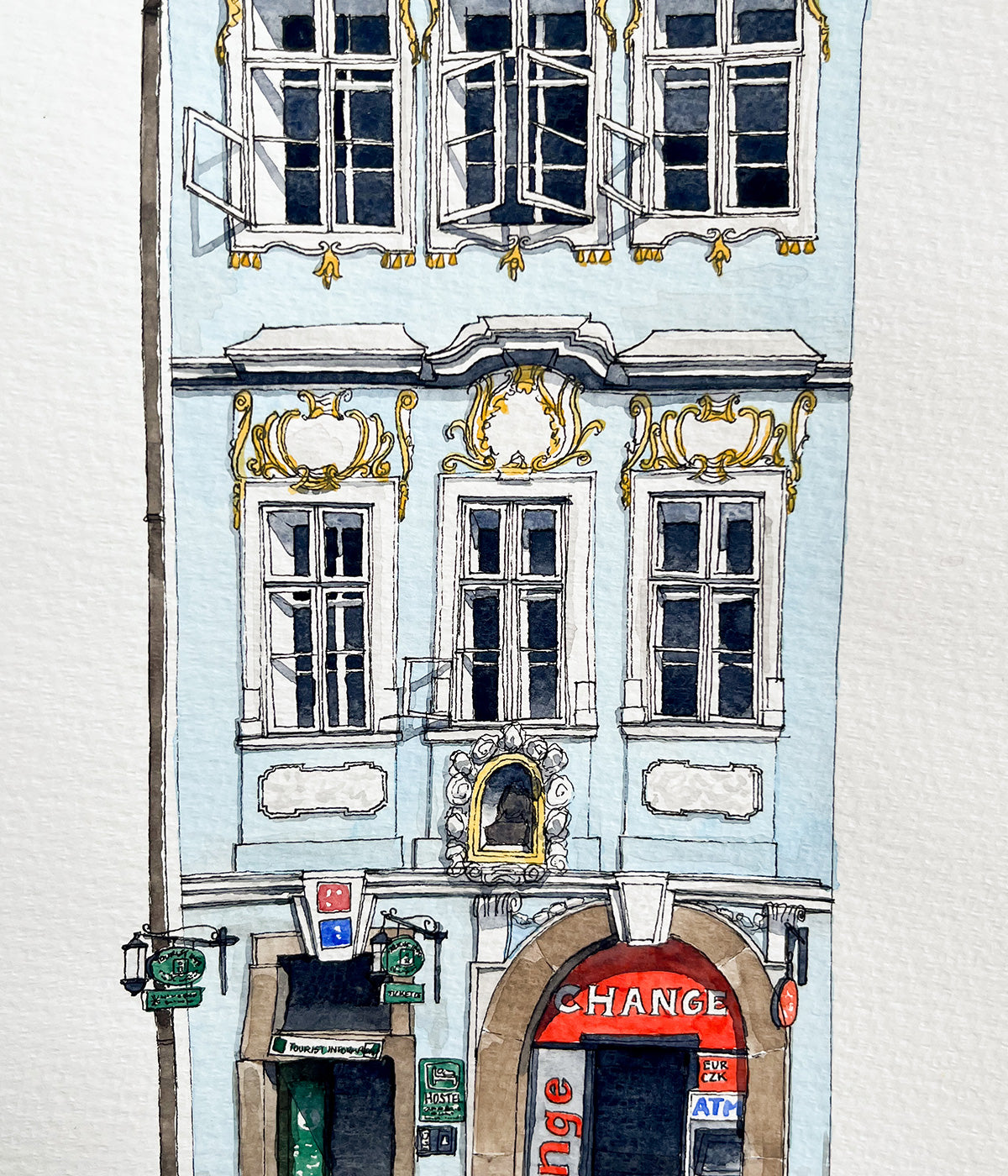 Charles Bridge Hostel in Prague Watercolor Original Art Framed