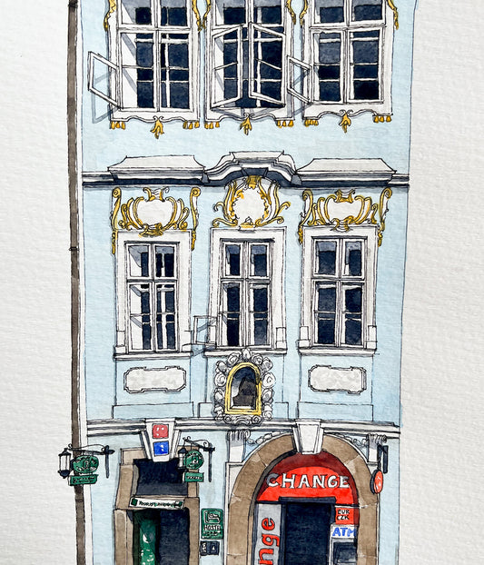 Charles Bridge Hostel in Prague Watercolor Original Art Framed