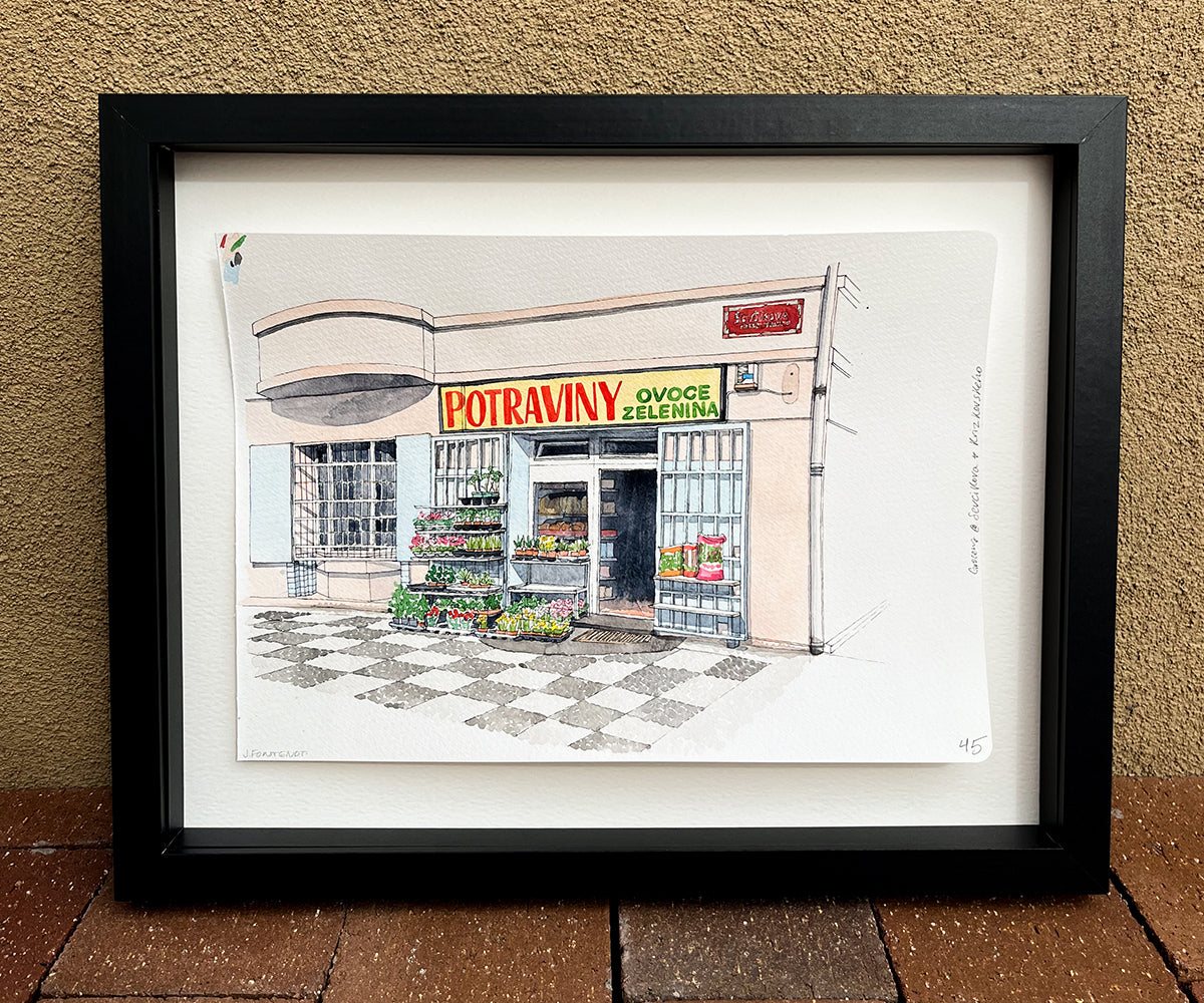 Potraviny Shop in Prague Watercolor Original Art Framed