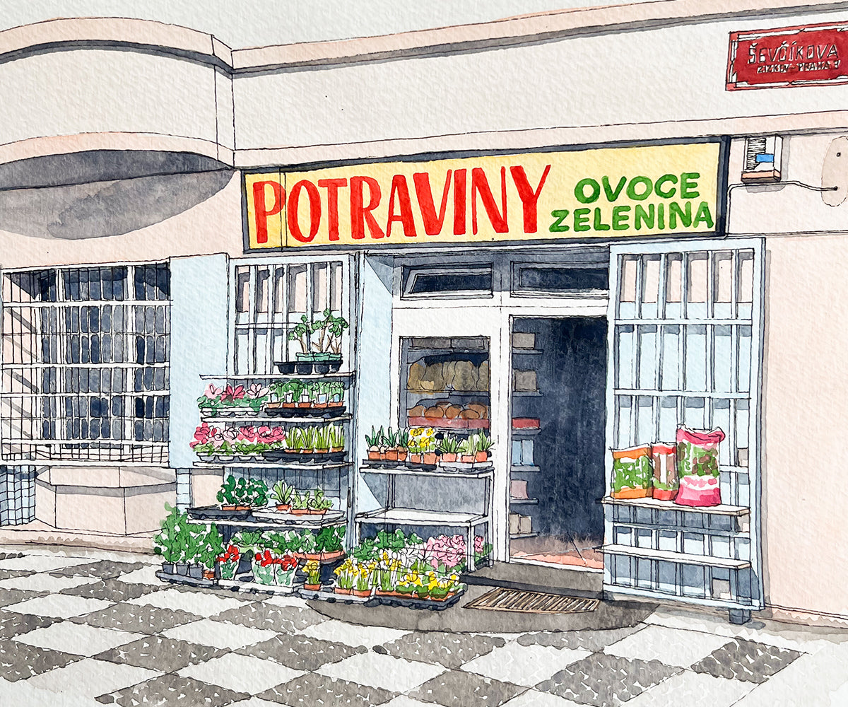 Potraviny Shop in Prague Watercolor Original Art Framed