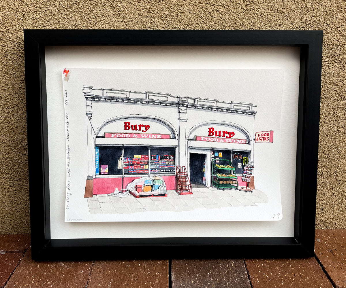 London Food & Wine Shop Watercolor Original Art Framed