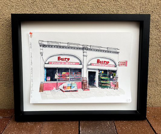 London Food & Wine Shop Watercolor Original Art Framed