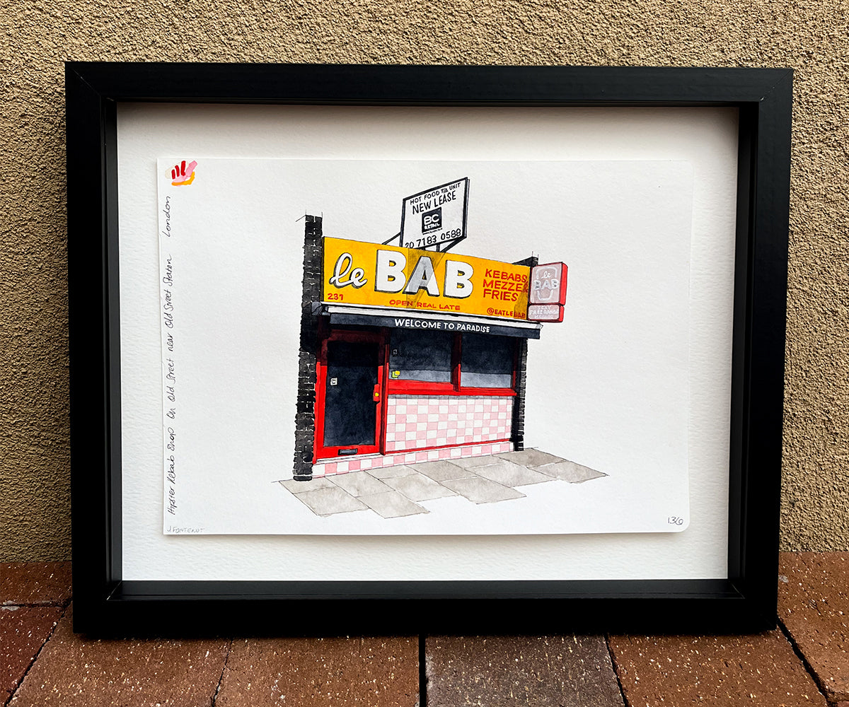 London Kebab Shop Watercolor Original Art Framed