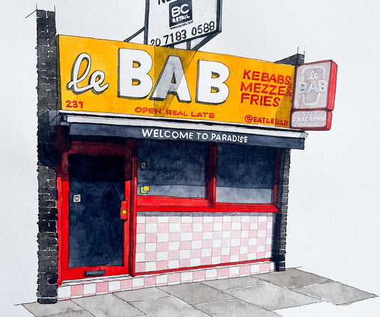 London Kebab Shop Watercolor Original Art Framed