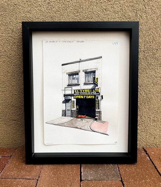 London Tires Shop Watercolor Original Art Framed