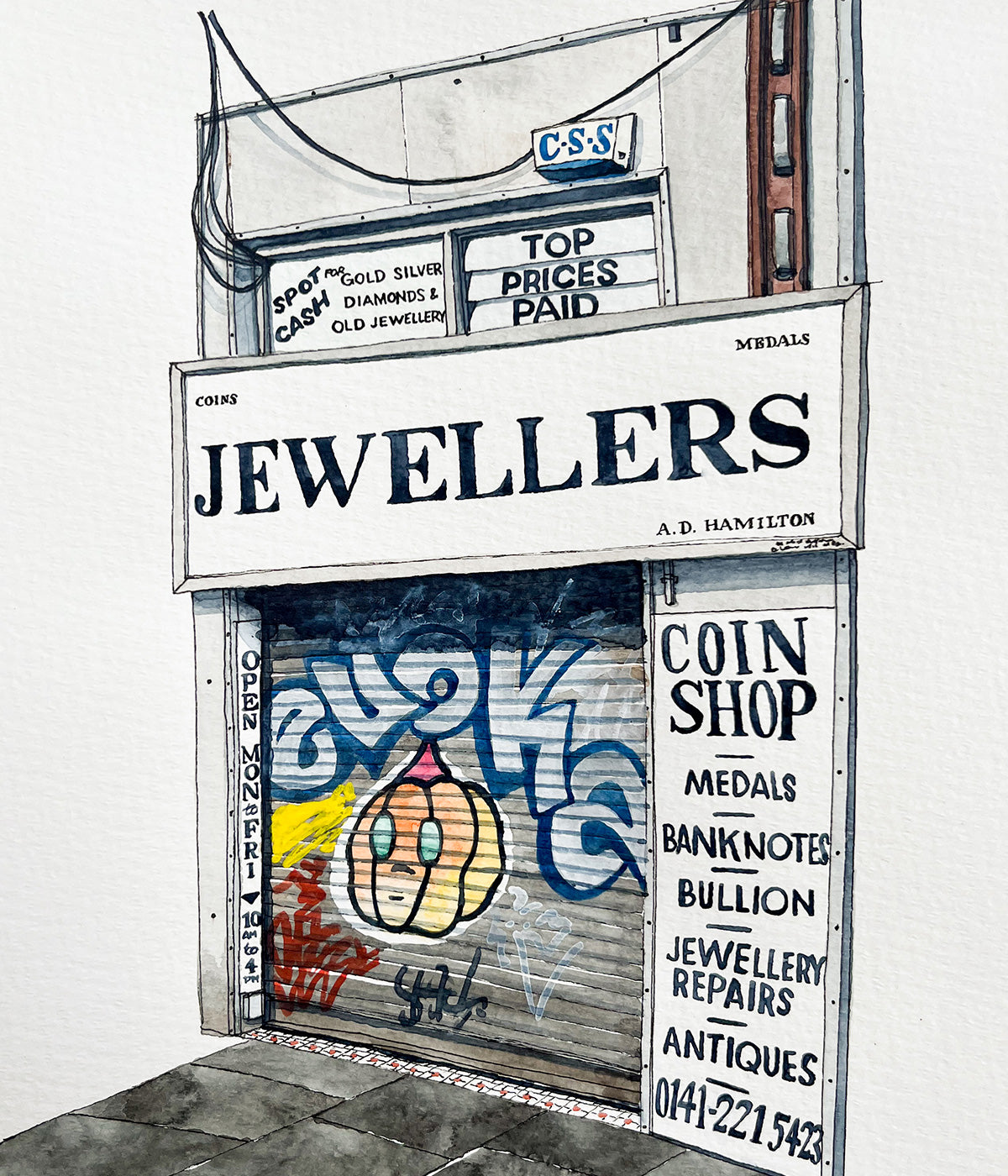 Jewellers Coin Shop Glasgow Watercolor Original Art Framed