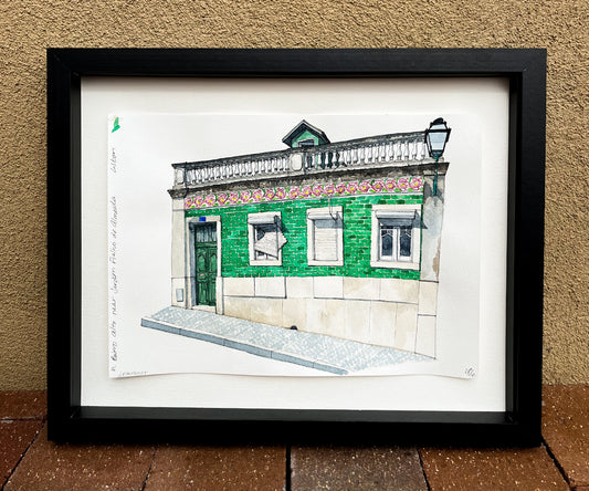 Lisbon Green Tile Watercolor Original Art Framed