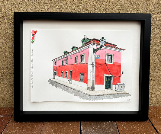 Lisbon Red & Pink Watercolor Original Art Framed