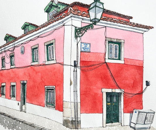 Lisbon Red & Pink Watercolor Original Art Framed