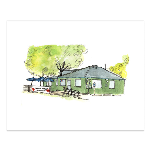 Watercolor painting and drawing of Thunderbird Coffee in East Austin art print with print edges shown on white background.