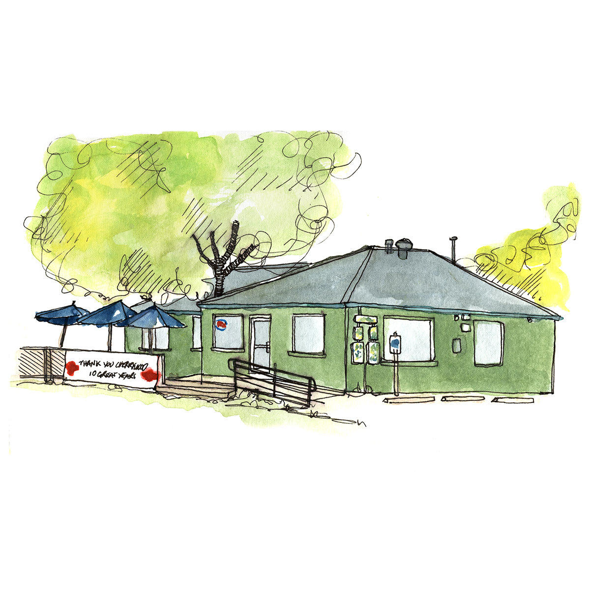 Watercolor painting and drawing of Thunderbird Coffee in East Austin on Manor Rd. 