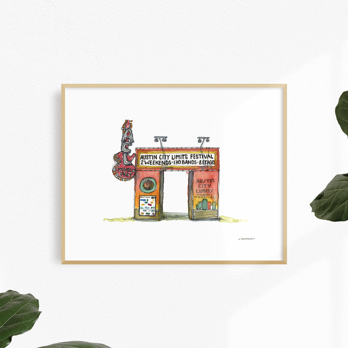 Watercolor painting and ink drawing of the ACL Festival entrance art print framed on a white wall. Framed wall art.