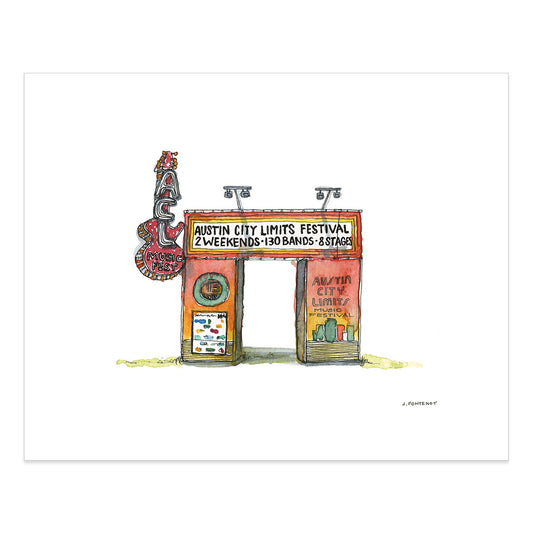 Watercolor painting and ink drawing of the ACL Festival entrance art print with the print edges shown on a white background.