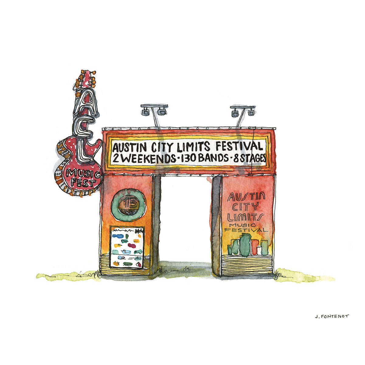 Watercolor painting and ink drawing of the ACL Festival entrance art print. Red guitar sign with the letters ACL and red orange banners announcing the Austin City Limits Music Festival.