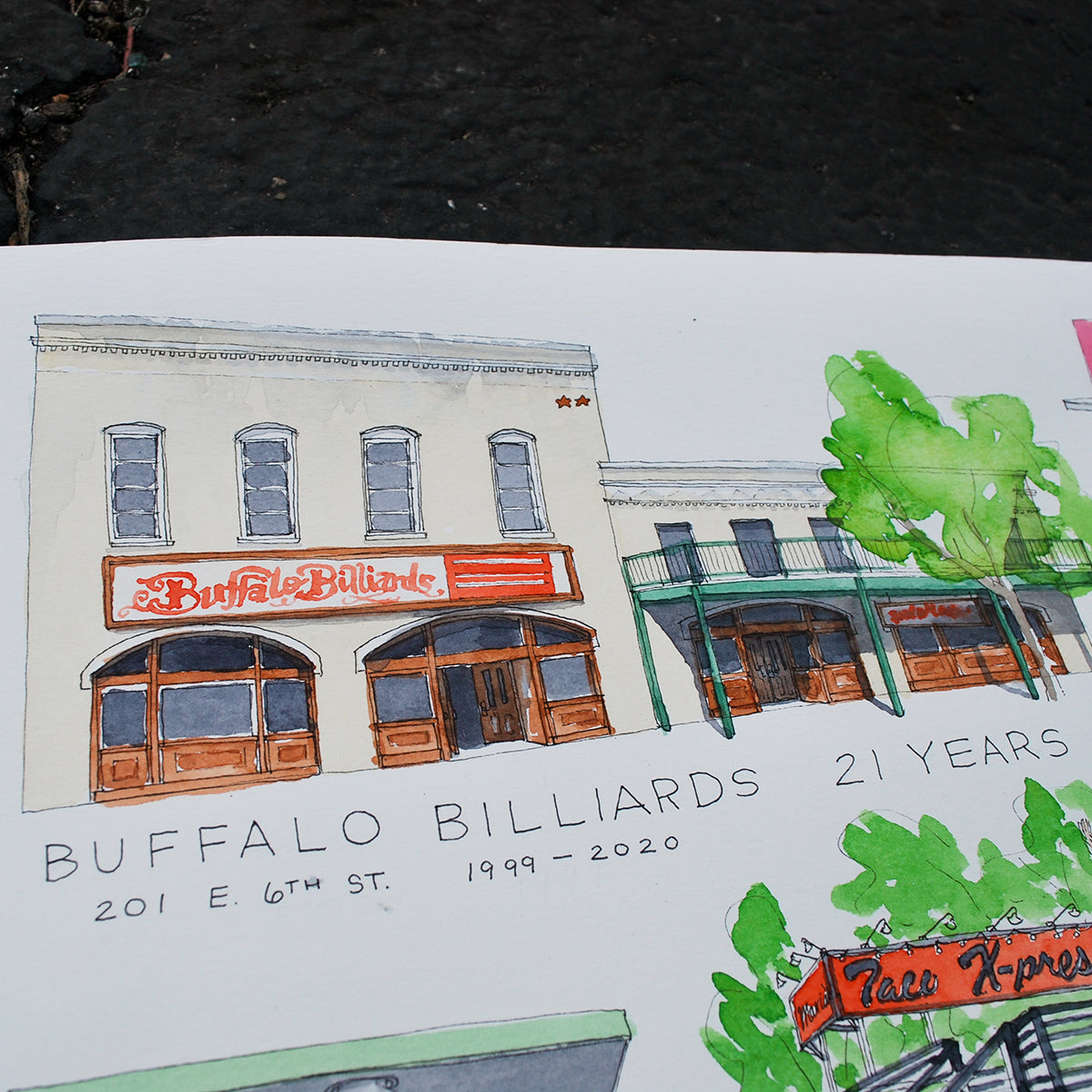 Close -in shot of Buffalo Billiard's bar drawing and watercolor painting. Handwritten text below reads, "Buffalo Billiards 21 Years 201 E. 6th Street 1999-2020" in Austin, TX 