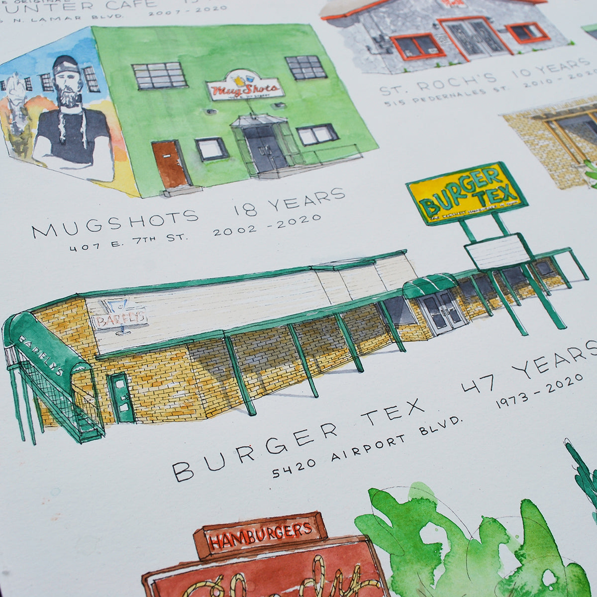 Close -in shot of Burger Tex and Mugshots bar drawing and watercolor painting. The buildings are placed next to each other on the poster. In Austin, Texas