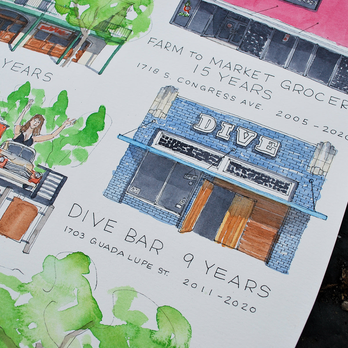 Close -in shot of Dive Bar drawing and watercolor painting. Handwritten text below reads, "Dive Bar 9 Years 1703 Guadalupe Street 2011-2020" in Austin, Texas