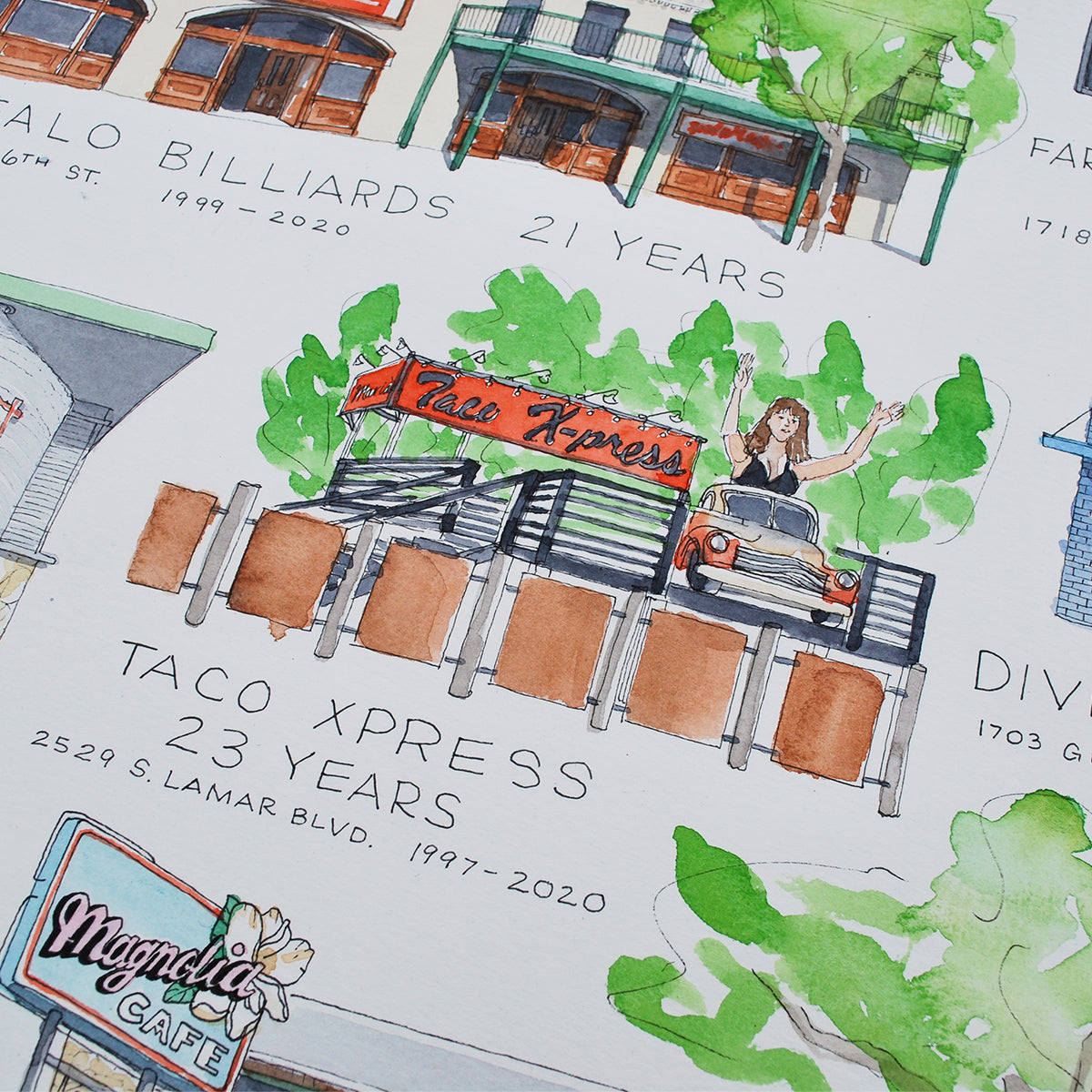 Close -in shot of Taco Xpress drawing and watercolor painting. Handwritten text below reads, "Taco Xpress 23 Years 2529 S. Lamar Blvd 1997-2020" in Austin, TX