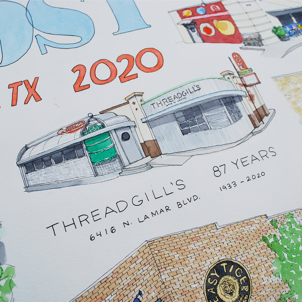 Close -in shot of Threadgill's building drawing and watercolor painting. Handwritten text below reads, "Threadgill's 87 Years 6416 N. Lamar Blvd 1933-2020" in Austin, TX