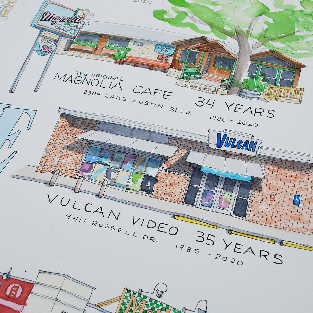 Close -in shot of The Original Magnolia Cafe and Vulcan Video drawing and watercolor painting. The buildings are placed next to each other on the poster. Austin, TX