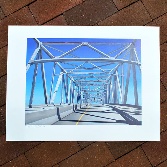 Art print against brick background, oil painting of Louisiana steel bridge image in the center with a white margin all around.