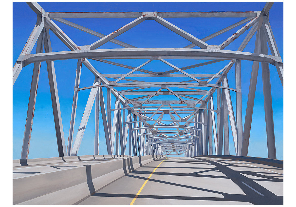 Oil painting of old steel bridge in Louisiana against a blue sky with the highway in foreground. Reproduction art print