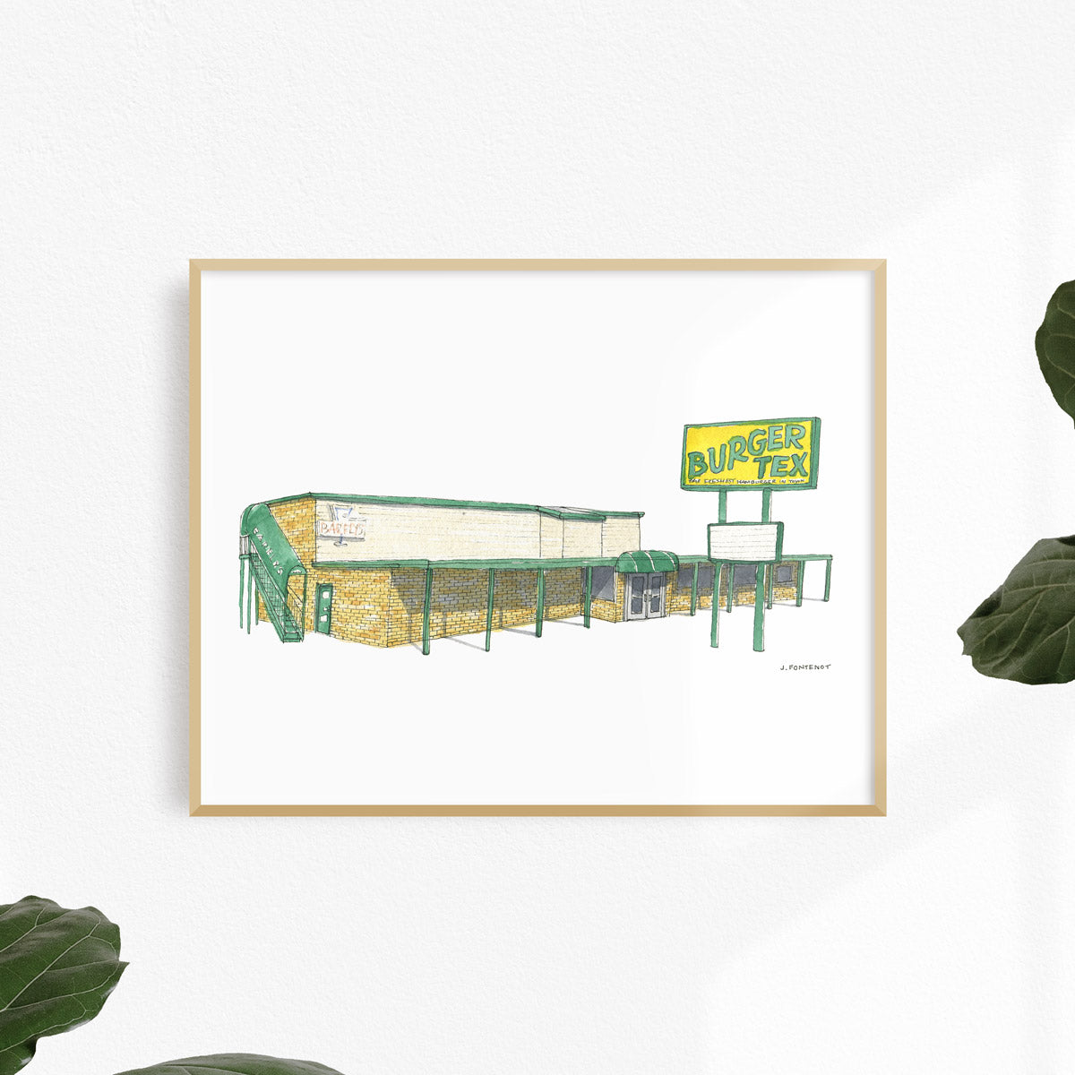 Watercolor painting and ink drawing of Burger Tex restaurant in Austin, Texas framed on a white wall. Framed wall art.