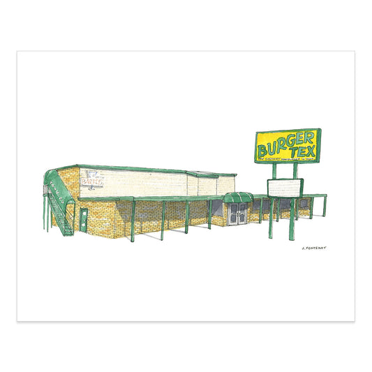 Watercolor painting and ink drawing of Burger Tex restaurant in Austin, Texas art print with the print edges shown on a white background.