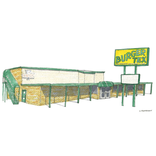 Watercolor painting and ink drawing of Burger Tex restaurant in Austin, Texas art print. Yellow and green "Burger Tex" sign sits in front of the brick building.