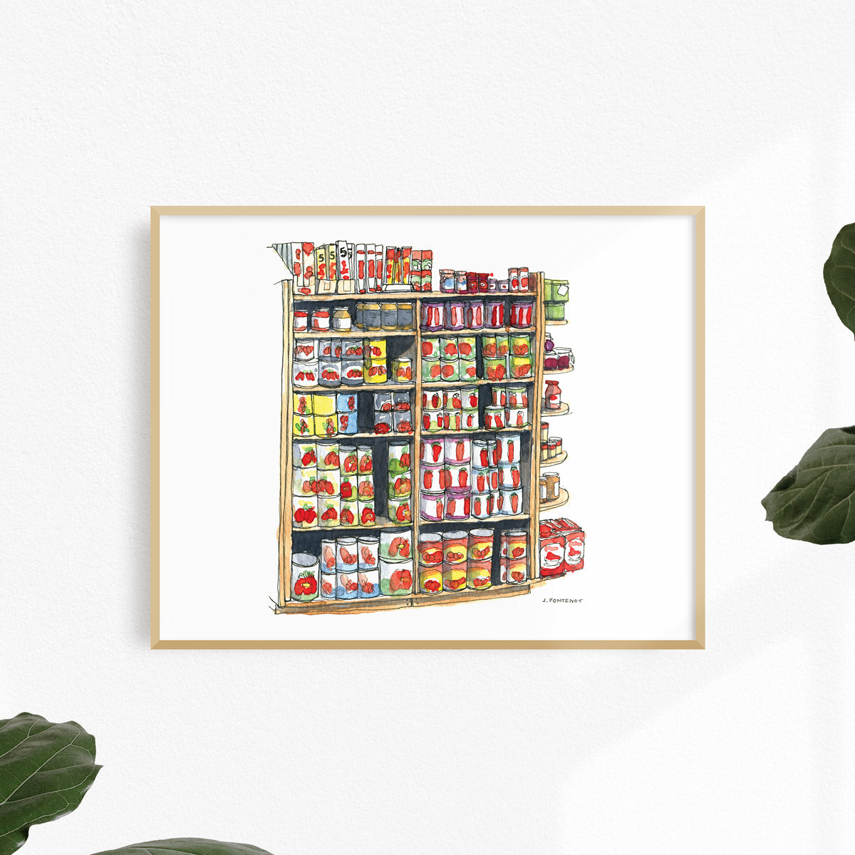 Watercolor painting and ink drawing of canned tomatoes shelves art print framed on a white wall. Framed wall art for kitchen