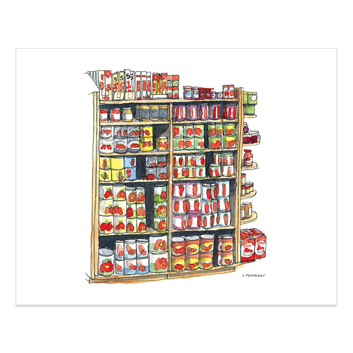 Watercolor painting and ink drawing of canned tomatoes shelves art print with print edges shown on white background. Food wall art for kitchen.