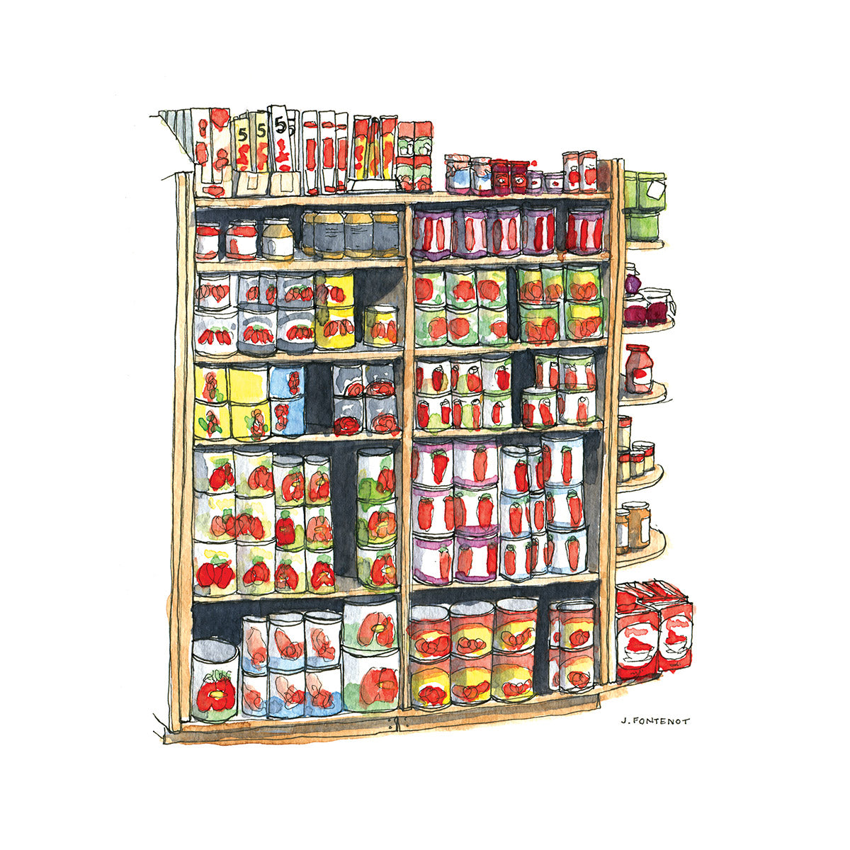 Watercolor painting and ink drawing of canned tomatoes shelves at Pike Place Market in Seattle, WA. Dozens of cans with red tomatoes on the labels lined up and stacked. Food wall art for kitchen