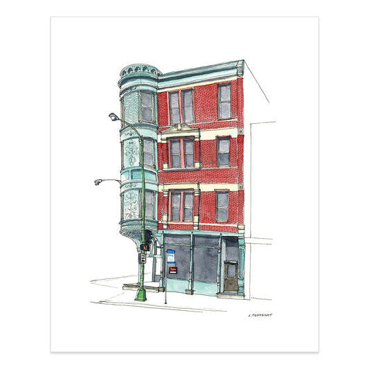 Watercolor painting and ink drawing of red brick building in Chicago art print with the print edges shown on a white background.