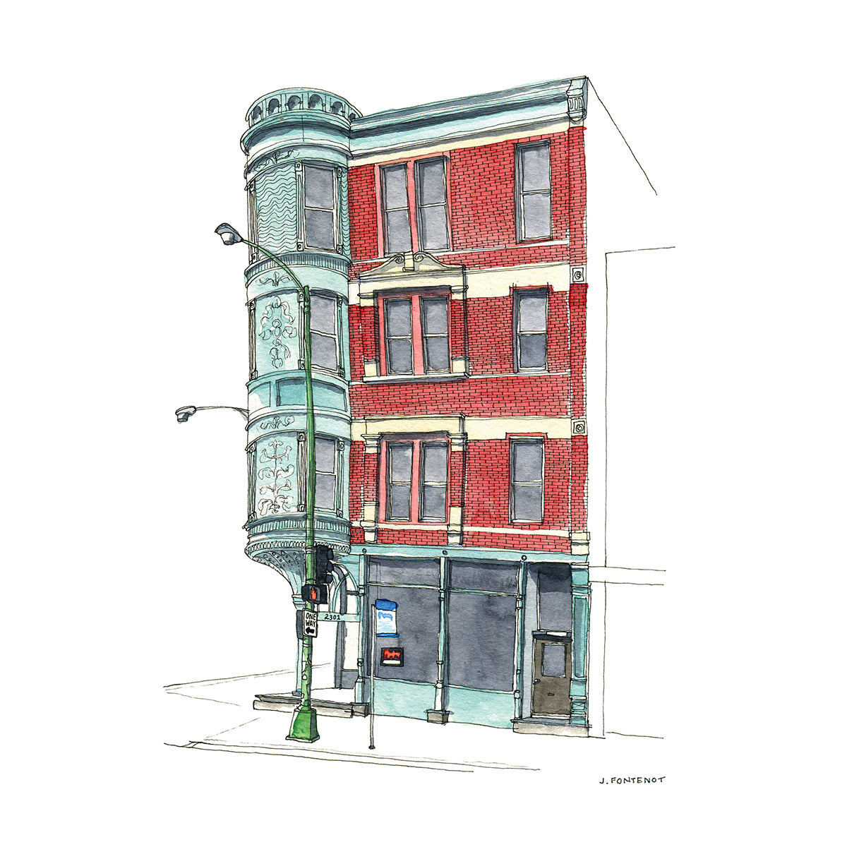 Watercolor painting and ink drawing of red brick building on street corner in Chicago, Illinois with green street lamp in front. Art print.