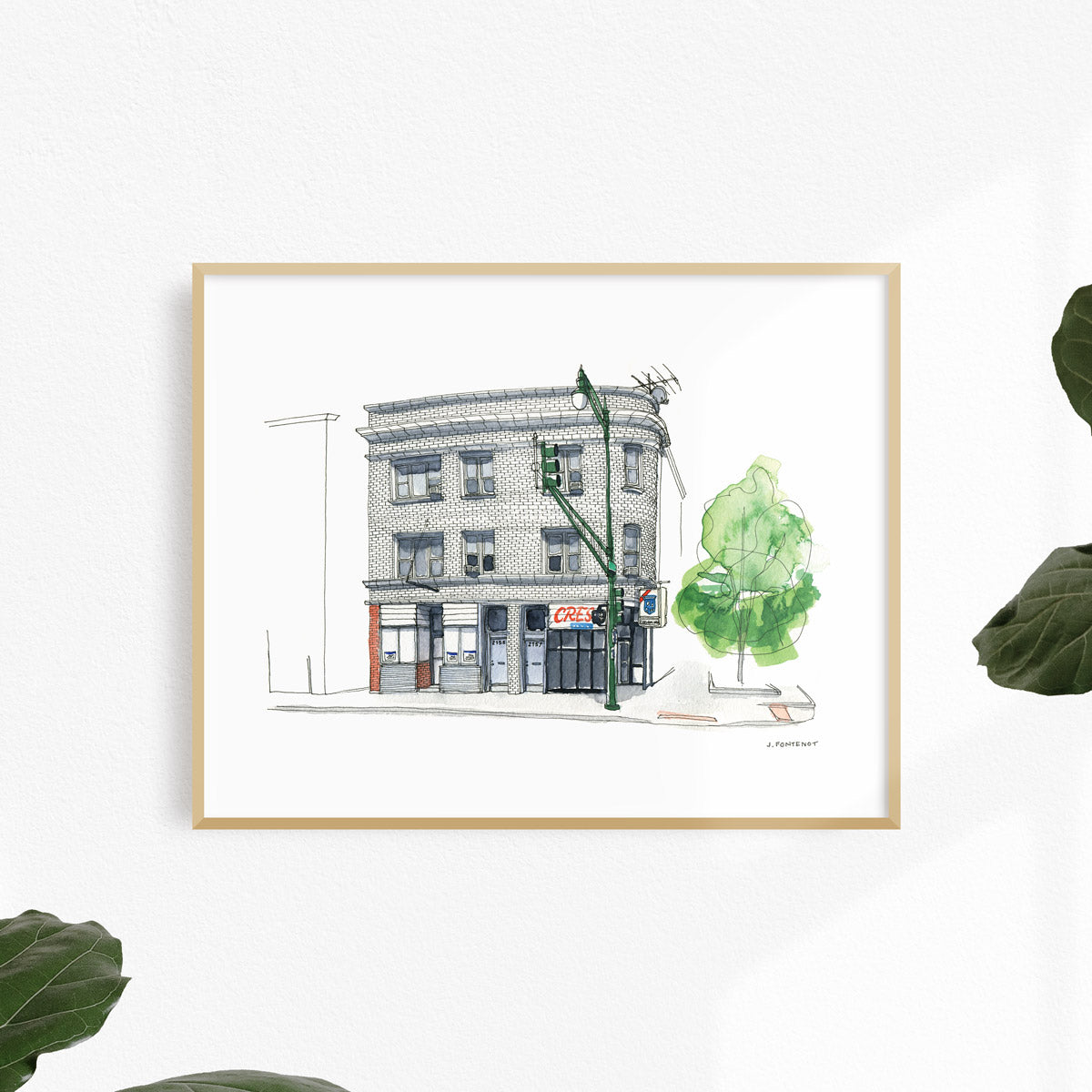 Watercolor painting and ink drawing of a white brick building in Chicago, IL framed on a white wall. Framed wall art