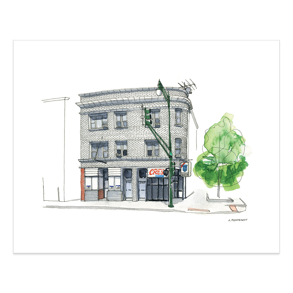 Watercolor painting and ink drawing of a white brick building in Chicago, IL art print with the print edges shown on a white background. 