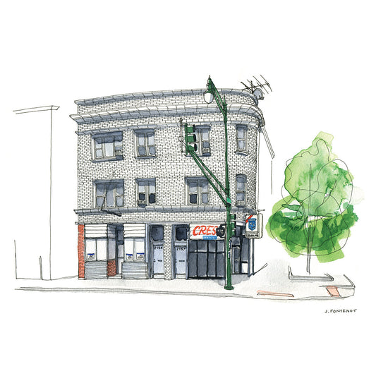 Watercolor painting and ink drawing of a white brick building on a street corner in Chicago, IL. Street light and tree are outside. Old Style beer sign hangs from the building's corner.