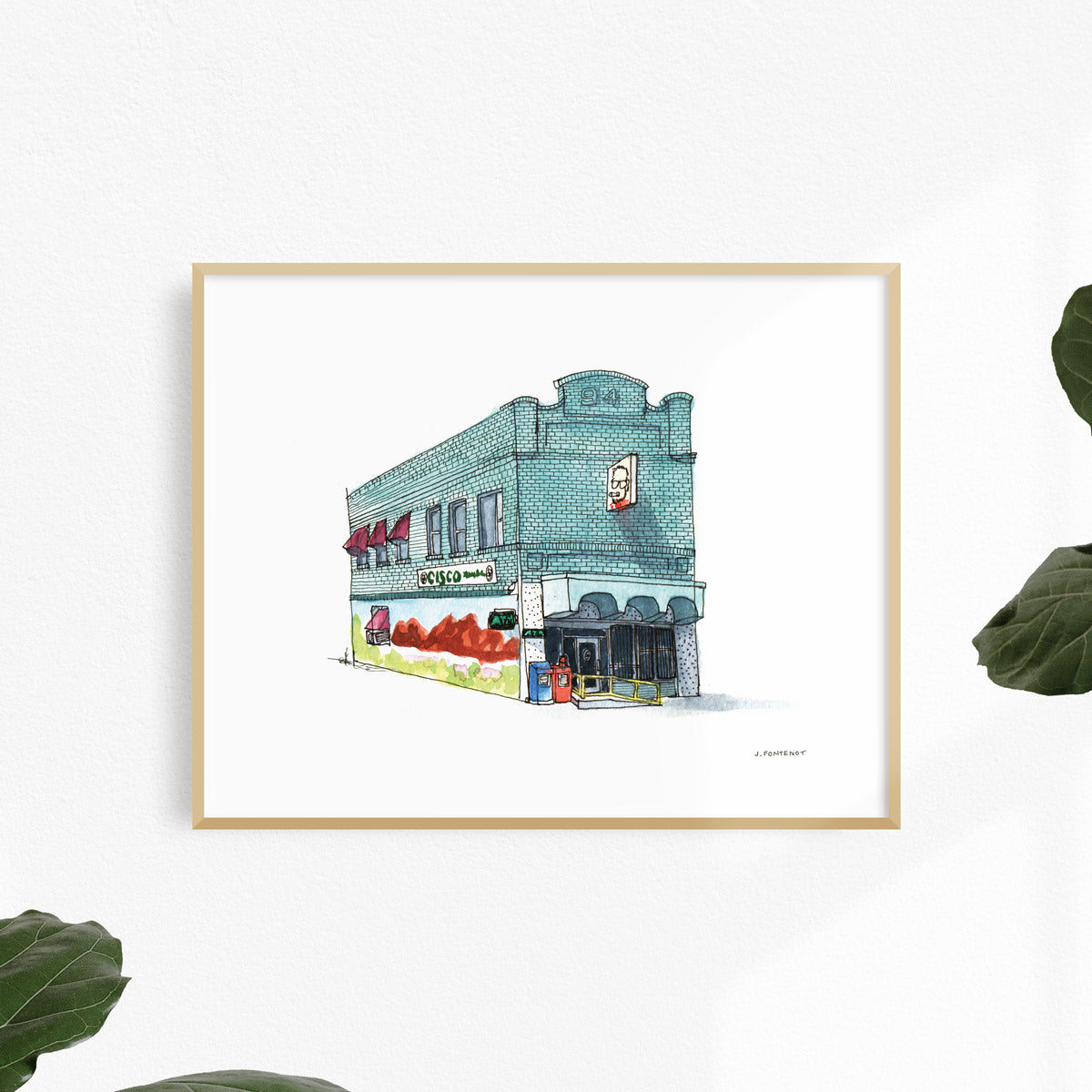 Watercolor painting and ink drawing of Cisco's restaurant in East Austin framed on a white wall. Framed wall art