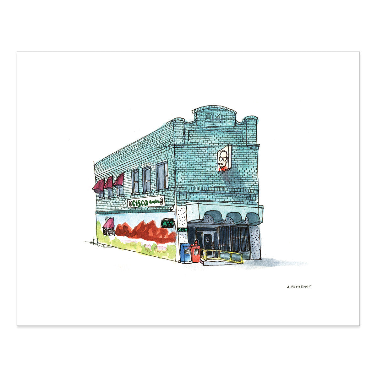 Watercolor painting and ink drawing of Cisco's restaurant in East Austin art print with the print edges shown on a white background.