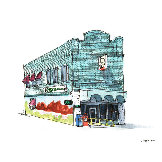 Watercolor painting and ink drawing of Cisco's restaurant in East Austin, Texas. Teal brick building art print.