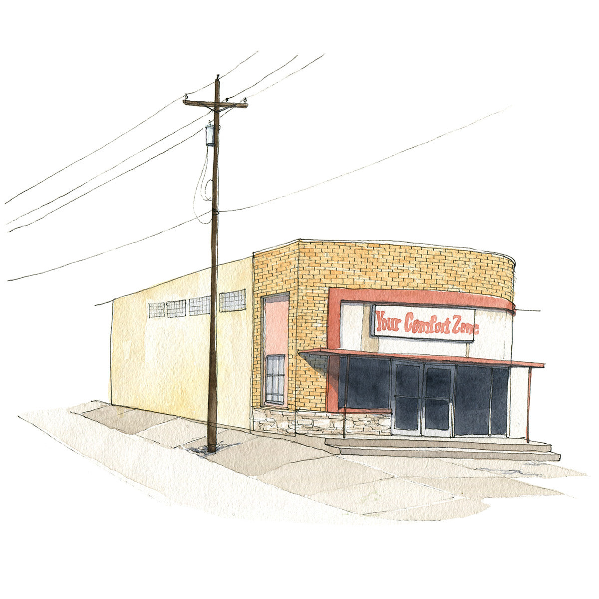 Original watercolor and ink drawing of brick storefront with light pole next to it in Lubbock, Texas. Sign on building reads Your Comfort Zone in red lettering.