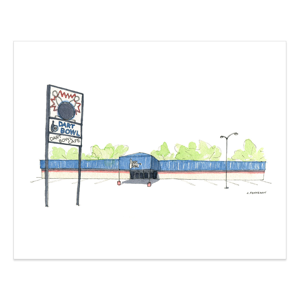 Watercolor painting and ink drawing of Dart Bowl in Austin, Texas art print with the print edges shown on a white background.